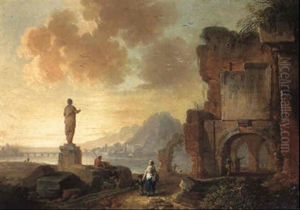 An Italianate Coastal View With Figures On A Track By Classical Ruins - view 1