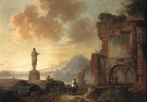 An Italianate Coastal View With Figures On A Track By Classical Ruins by Jean Baptiste Lallemand