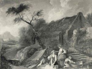 Lavandieres Devant Une Chaumiere by Jean Baptiste Lallemand