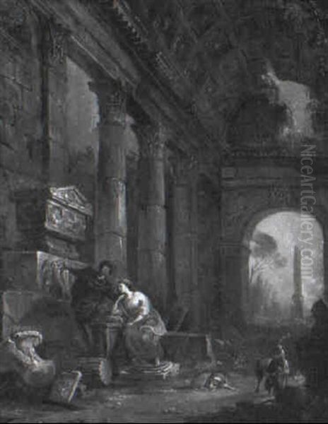 Ruined Classical Building With A Young Couple By A Tomb - view 1