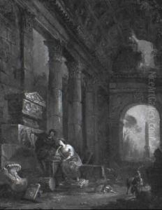 Ruined Classical Building With A Young Couple By A Tomb by Jean Baptiste Lallemand