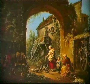 Jeune Fermiere Donnant Du Grain A La Basse-cour [&]famille De Paysans Traversant Un Cours D'eau [dim:32.5x43cm] by Jean Baptiste Lallemand