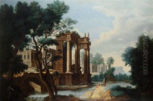 A Capriccio Landscape With Figures Beside A River With Roman Buildings Beyond