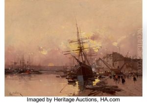 Port Breton Au Crepuscule by Eugene Galien Laloue
