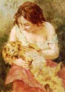 Woman Petting A Spaniel by Adolphe Lalire LaLyre