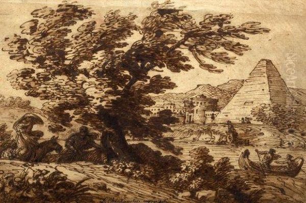 Sainte Famille Dans Un Paysage Fluvial Avec La Pyramide Desextius - view 1