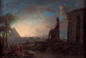 La Statue Colossale De Memmon, Fils De L'aurore, Qui Rendait Un Son Plaintif Au Moment Ou La Deesse Paraissait Sur L'horizon ; Mais Alors Lucifer, Autre Fils De L'aurore, L'entraine Vers Un Autre Hemisphere by Rene-Louis-Maurice Beguyer De Chancourtois