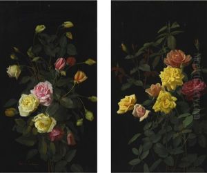 Roses And Pink And Yellow Roses (pair) by George Cochran Lambdin