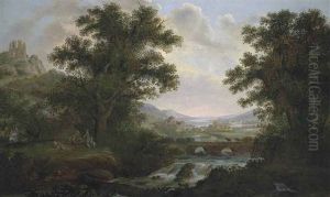 An Italianate River Landscape With Figures By A Campfire, Overlooked By Ruins On A Hilltop, Drovers Crossing A Bridge, A Town Beyond
