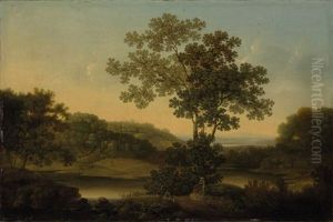 An Extensive Wooded River Landscape, With Figures Resting Beside A Track In The Foreground by James Lambert the Elder