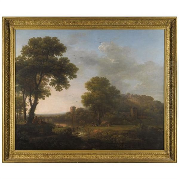 An Italianate Landscape With A Hilltop Castle And Figures Beside A Waterfall - view 1