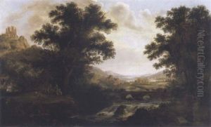 An Italianate Landscape With Drovers Crossing A Bridge And Figures By A Camp Fire by James Lambert the Elder