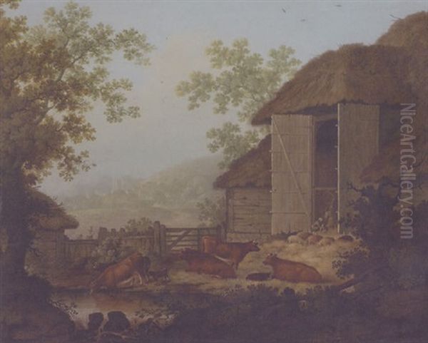 Cattle And Pigs Outside A Threshing Barn - view 1
