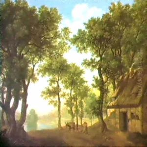 Mountainous River Landscape With A Boy And His Donkey On A  Path By A Cottage