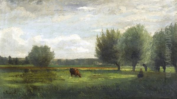 Wiesenlandschaft Mit Hirtin Und Kuh - view 1