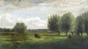 Wiesenlandschaft Mit Hirtin Und Kuh by Antoine Eugene Lambert