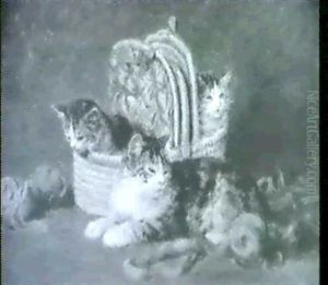 Drei Spielende Katzen, Davon Zwei Im Wollkorb Sitzend by Antoine Eugene Lambert