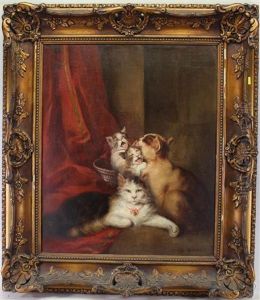Painting Of A Family Of Cats In An Elegant Interior Setting by Louis Eugene Lambert
