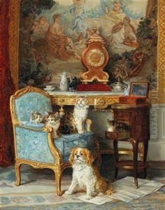 Family Of Cats And A Dog In The Salon by Louis Eugene Lambert