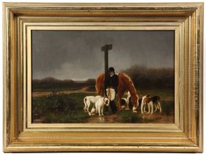 Hunter With Steed And Hounds Waiting At Roadsign