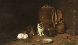 Katzchen Und Hasen Im Stall by Louis Eugene Lambert