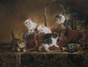 Gatitos Jugando Sobre Una Mera Con Cesto De Mimbre Y Botella by Louis Eugene Lambert