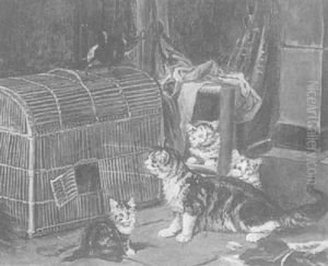 Kittens And A Magpie Around A Cage by Louis Eugene Lambert