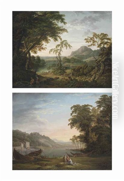 An Extensive Italianate Landscape With A Shepherd And His Flock By A River; And An Extensive Italianate River Landscape With Figures Loading Cargo Into A Boat by George Lambert