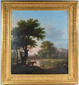 Wooded Landscape With A Pool And Boatmen, And Flock With Cattle In The Foreground