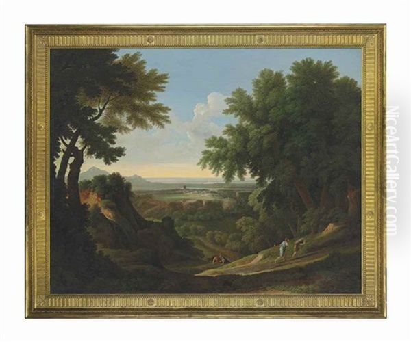 An Extensive Arcadian Landscape With Figures On A Path, A Town Beyond - view 1