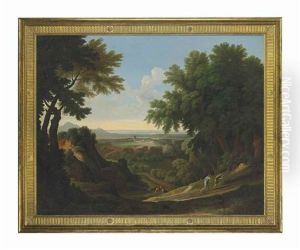 An Extensive Arcadian Landscape With Figures On A Path, A Town Beyond