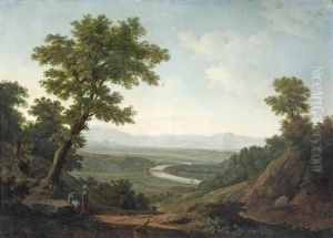 An Extensive Mountainous Landscape With Two Women Conversing And A Cowherd With His Cattle, A River In A Valley Beyond