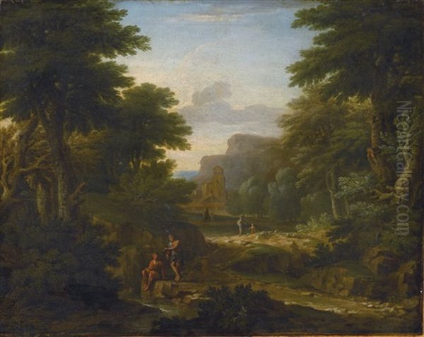Wooded Landscape With Figures Resting By A Stream - view 1