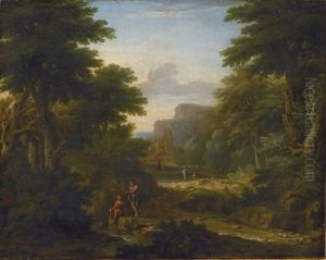 Wooded Landscape With Figures Resting By A Stream by George Lambert