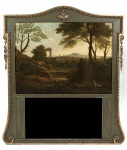 Landscape With Ruins And Figures In The Foreground Set In A Parcel Gilt And Painted Trumeau Frame