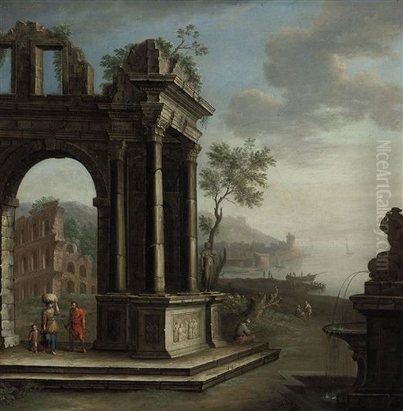 A Mediterranean Coastal Landscape With Figures Beneath Classical Ruins - view 1
