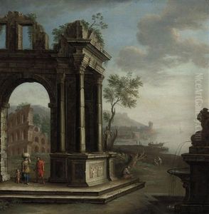 A Mediterranean Coastal Landscape With Figures Beneath Classical Ruins by George Lambert