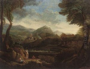 A Wooded River Landscape With Bathers In The Foreground