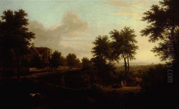 Extensive Landscape With Figures, Sheep And Cows On A Road That Passes A Country Estate - view 1