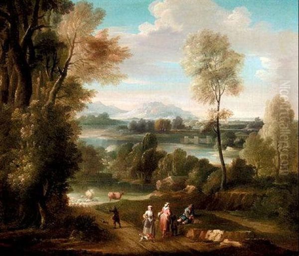 An Extensive Wooded River Landscape With Figures On A Path And A Drover With His Cattle Beyond - view 1