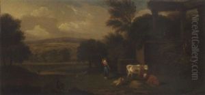A Shepherdess With Cattle And Sheep In A Classical Landscape by George Lambert