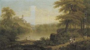An Italianate Wooded Lakeside Landscape With Figures In The Foreground And A Town On A Hill Beyond by George Lambert