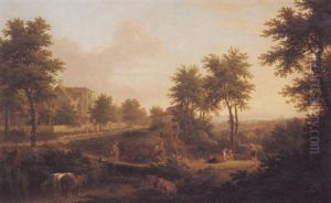 An Extensive Landscape With Figures And Sheep On A Path Passing A Country House thumbnail