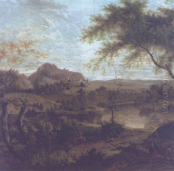 An Italianate Landscape With Travellers In The Foreground, A Lake, A Fortress And Mountains Beyond - view 1