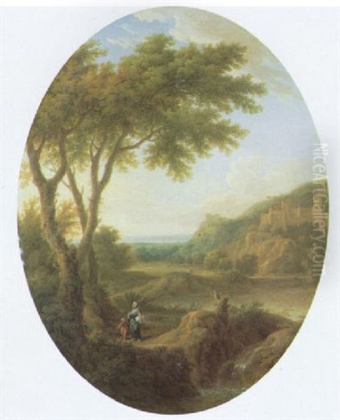 An Italianate Landscape With A Mother And Child On A Country Path, A Castle On A Hill Above A Lake And An Extensive Plane - view 1