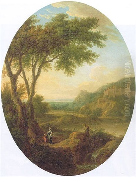 An Italianate Landscape With A Mother And Child On A Country Path, A Castle On A Hill Above A Lake And An Extensive Plain Beyond - view 1