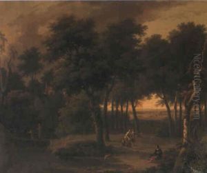 A Wooded River Landscape, With Figures, A Bridge, And A Ruined Castle Beyond by George Lambert