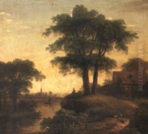 A Wooded River Landscape, With Country Folk, And A Town And Church Beyond