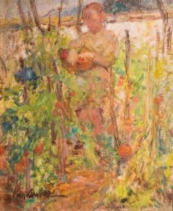 Femme Ramassant Des Tomates Dans Le Jardin by Joseph Lamberton