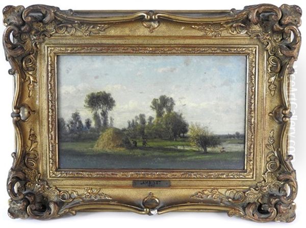 Rural Landscape With Farm Labourers Collecting Hay And A Fisherman Beside A Pond - view 1